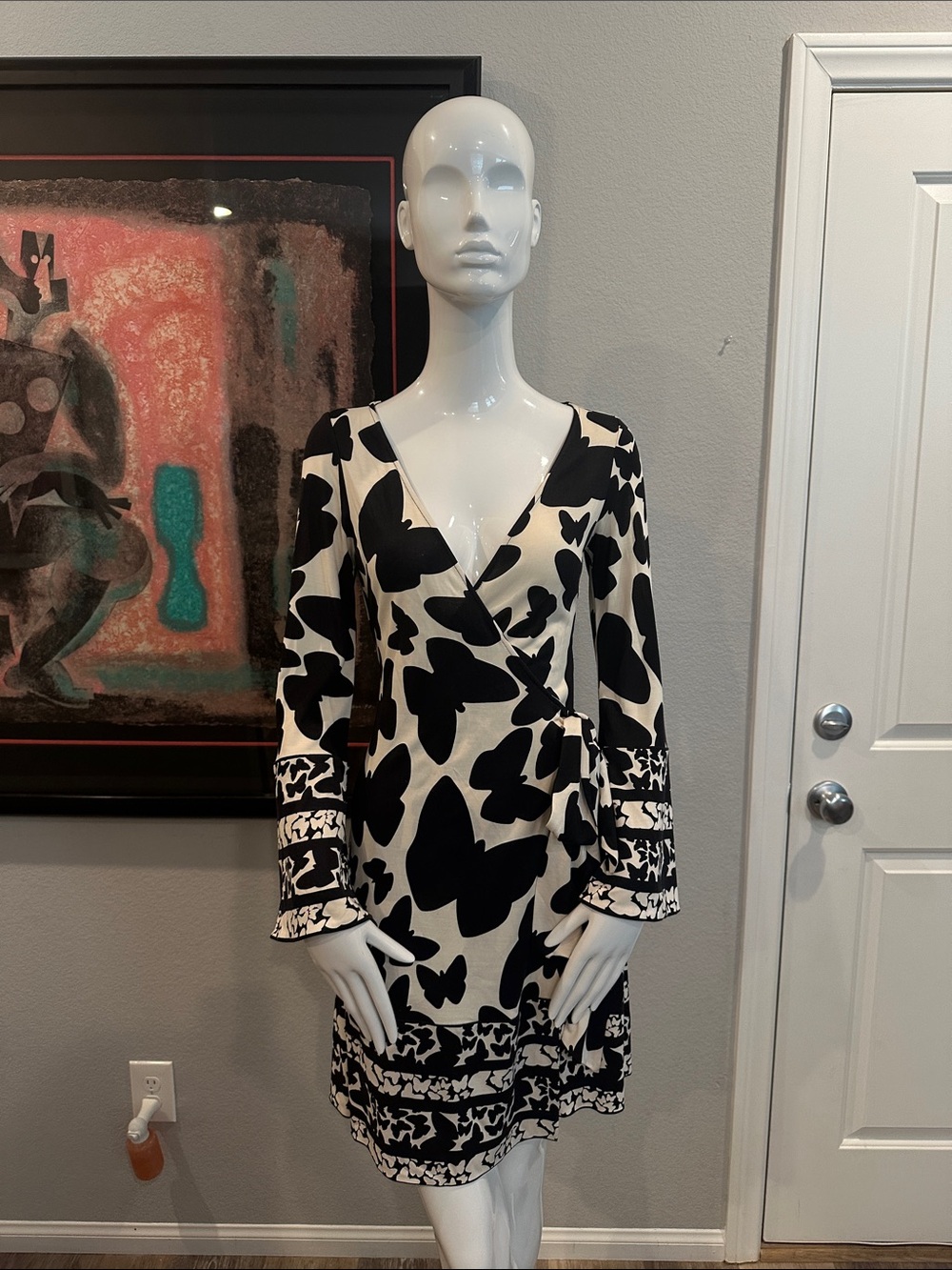 Diane Von Furstenberg Black and White Butterfly Wrap Dress